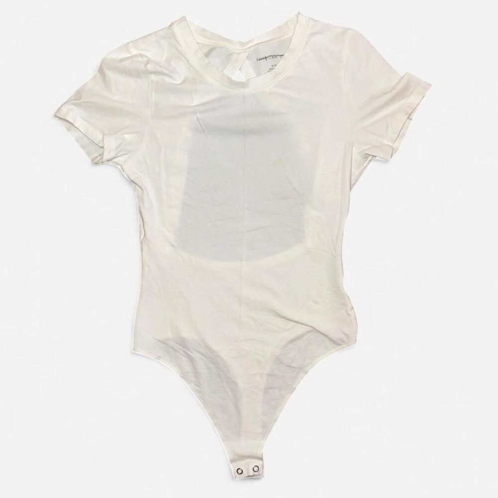 American Eagle White Baby Tee Bodysuit with Open Back, Size Medium